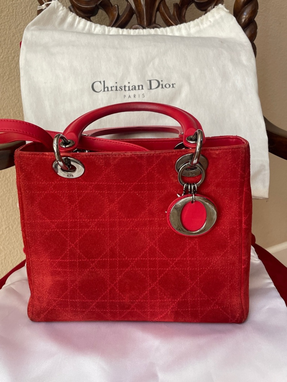 Lady Dior Red Quilted Suede Lady Satchel with  Silver Hardware